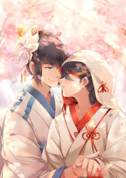 Rule 34 | 10s, 2girls, absurdres, alternate costume, bad id, bad pixiv id, black hair, blue eyes, blush, cherry blossoms, closed mouth, comb, couple, dress, eye contact, female focus, flower, hair flower, hair ornament, highres, holding hands, incest, japanese clothes, kill la kill, kimono, kiryuuin satsuki, long hair, looking at another, matoi ryuuko, multicolored hair, multiple girls, outdoors, pink lips, red hair, siblings, sisters, smile, streaked hair, two-tone hair, uchikake, wedding, wedding dress, wife and wife, yorukun, yuri