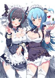 Rule 34 | 2girls, :3, absurdres, animal ears, apron, aqua eyes, azur lane, black dress, black hair, blue hair, blunt bangs, blush, breast press, breasts, brown eyes, cheshire (azur lane), cocktail glass, commentary, cup, detached collar, dress, drinking glass, eggman (pixiv28975023), fake animal ears, garter straps, hair ornament, highres, holding, holding tray, large breasts, looking at viewer, maid, maid apron, maid headdress, multicolored hair, multiple girls, neptune (azur lane), one eye closed, open mouth, smile, streaked hair, thighhighs, tongue, tongue out, tray, two-tone hair, v, water drop, white background, white thighhighs