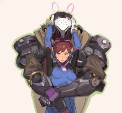 Rule 34 | 1boy, 1girl, arms up, blue bodysuit, bodysuit, breasts, brown hair, closed mouth, couple, d.va (overwatch), facial mark, gloves, hands on another&#039;s face, headphones, hetero, hug, hug from behind, humanoid robot, interspecies, juangeedraws, long hair, looking ahead, looking at viewer, overwatch, overwatch 2, pilot suit, ramattra (overwatch), robot, simple background, size difference, small breasts, smile, upper body, whisker markings, white gloves, yellow background