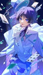 Rule 34 | 1boy, :p, absurdres, alternate costume, bishounen, blue eyes, blue hair, bow, cape, card, chinese commentary, formal, genshin impact, gloves, highres, long hair, male focus, playing card, purple bow, scaramouche (genshin impact), short hair, solo, suit, suzushi, tongue, tongue out, vision (genshin impact), wanderer (genshin impact), white gloves