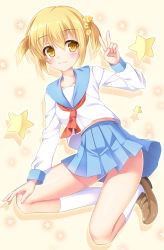 Rule 34 | 10s, 1girl, :3, ascot, blonde hair, blue skirt, blush, breasts, brown footwear, closed mouth, collarbone, commentary request, hair between eyes, hair ornament, hair scrunchie, hand on leg, highres, kneehighs, loafers, long sleeves, pleated skirt, poptepipic, popuko, red ascot, school uniform, scrunchie, serafuku, shirt, shoes, sidelocks, skirt, small breasts, socks, solo, star (symbol), starry background, twintails, umitonakai, white shirt, white socks, yellow eyes, yellow scrunchie
