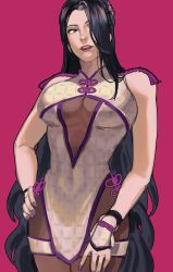 Rule 34 | 1girl, absurdres, black hair, breasts, hair over one eye, highres, large breasts, long hair, luong, no bra, pink background, purple eyes, see-through, snk, solo, the king of fighters, the king of fighters xv, very long hair