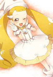 Rule 34 | 1girl, blonde hair, brown eyes, dress, gloves, hand on own cheek, hand on own face, hat, long hair, makihatayama hana, ojamajo doremi, open mouth, solo, toshi (1040301), twintails, v, white gloves, wink