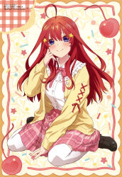 Rule 34 | 1girl, absurdres, ahoge, ajiki kei, black footwear, blue eyes, blush, cherry, closed mouth, food, fruit, go-toubun no hanayome, hair between eyes, hair ornament, highres, jacket, loafers, long hair, looking at viewer, megami magazine, nakano itsuki, official art, pink skirt, pleated skirt, red hair, scan, shirt, shoes, sitting, skirt, smile, solo, star (symbol), star hair ornament, sweater, thighhighs, wariza, white shirt, white thighhighs, yellow jacket