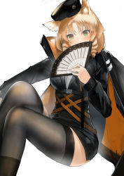 Rule 34 | 1girl, absurdres, animal ear fluff, animal ears, arknights, black cape, black hair, black jacket, black skirt, blonde hair, cape, commentary request, feet out of frame, folding fan, green eyes, grey thighhighs, hand fan, hat, highres, holding, holding fan, jacket, knees up, long hair, long sleeves, looking at viewer, mang zhu, mini hat, parted bangs, ringlets, simple background, sitting, skirt, solo, swire (arknights), thighhighs, tiger ears, white background