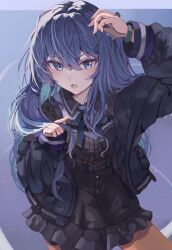 Rule 34 | 1girl, arm up, black dress, black jacket, blue eyes, blue hair, collared dress, commentary, double-parted bangs, dress, frilled dress, frills, hair between eyes, highres, holding, holding own hair, hololive, hoshimachi suisei, hoshimachi suisei (streetwear), jacket, light blush, light particles, long hair, long sleeves, looking at viewer, official alternate costume, official alternate hairstyle, one side up, open clothes, open jacket, open mouth, orange pantyhose, pantyhose, puffy long sleeves, puffy sleeves, purple background, simple background, solo, teeth, tenpura noraneko, upper teeth only, virtual youtuber