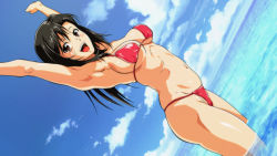Rule 34 | 1girl, arms up, bikini, black hair, blue sky, breasts, brown eyes, cloud, commentary request, day, dutch angle, long hair, looking at viewer, medium breasts, navel, nolia, open mouth, original, outdoors, pink bikini, ribs, shallow water, sky, smile, soaking feet, solo, standing, swimsuit, teeth, upper teeth only, wading, water