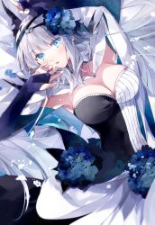 Rule 34 | 1girl, absurdres, bare shoulders, blue eyes, blue flower, blue gloves, breasts, crown, dress, fate/grand order, fate (series), flower, gloves, grey hair, hair flower, hair ornament, highres, large breasts, long dress, long hair, looking at viewer, misaki346, morgan le fay (apex) (fate), morgan le fay (fate), multicolored clothes, multicolored dress, open mouth, solo, very long hair, white background, white flower