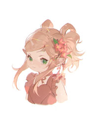 Rule 34 | 1girl, alternate costume, chinese commentary, choker, commentary request, cropped torso, dress, final fantasy, final fantasy xiv, flower, frilled sleeves, frills, green eyes, hair flower, hair ornament, highres, lalafell, light brown hair, looking to the side, nanamo ul namo, pointy ears, red choker, red dress, red flower, short sleeves, shuangbatian, sidelocks, simple background, smile, solo, twintails, white background