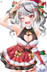 Rule 34 | 1girl, absurdres, adapted costume, ayakase hotaru, black nails, blush, bow, breasts, candy cane hair ornament, cleavage, cleavage cutout, clothing cutout, dress, drill hair, elbow gloves, fang, food-themed hair ornament, fur-trimmed dress, fur-trimmed gloves, fur-trimmed headwear, fur trim, gloves, hair bow, hair ornament, hat, heart cutout, highres, holding, holding sack, hololive, large breasts, looking at viewer, medium hair, nail polish, official alternate costume, one eye closed, open mouth, red bow, red dress, red gloves, red hair, red hat, sack, sakamata chloe, sakamata chloe (jirai kei), santa dress, santa hat, single elbow glove, skin fang, sleeveless, sleeveless dress, solo, thigh strap, twin drills, virtual youtuber