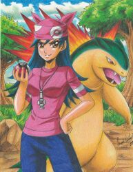 Rule 34 | 1girl, 2019, absurdres, artist name, bandana, blue hair, breasts, brown eyes, closed mouth, cowboy shot, creatures (company), day, denim, fangs, fire, forest, game freak, gen 2 pokemon, grass, hand on own hip, highres, holding, holding poke ball, jeans, jewelry, lisa (pokemon), long hair, medium breasts, nature, nintendo, open mouth, outdoors, pants, pendant, pink headwear, pink shirt, poke ball, poke ball print, pokemon, pokemon (anime), pokemon (classic anime), pokemon (creature), pokemon 3: the movie - spell of the unown: entei, ravernclouk design, red eyes, rock, shirt, short sleeves, sky, standing, traditional media, typhlosion
