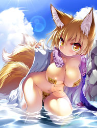 Rule 34 | 1girl, animal ear fluff, animal ears, blonde hair, blush, breasts, cloud, covered erect nipples, curvy, day, female focus, fox ears, fox tail, hanging breasts, ikuta takanon, kneeling, large breasts, lens flare, looking at viewer, maebari, multiple tails, nail polish, no headwear, nude, ofuda, ofuda on nipples, ofuda on pussy, open clothes, pasties, seductive smile, short hair, sky, smile, solo, submerged, sweat, tail, touhou, water, wet, yakumo ran, yellow eyes