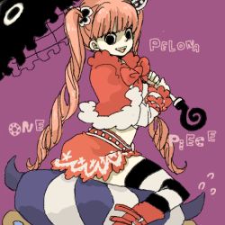Rule 34 | 1girl, alternate legwear, black stripes, capelet, character name, copyright name, drill hair, hat, head perch, kumacy, long hair, long sleeves, one piece, patterned legwear, perona, pink hair, purple background, red footwear, red ribbon, red umbrella, ribbon, shoes, short cape, sitting, striped clothes, striped thighhighs, thighhighs, thriller bark, twintails, two-tone stripes, umbrella, white stripes, yukke