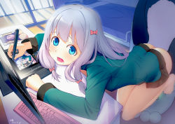 Rule 34 | 10s, 1girl, 2017, ass, baliu, barefoot, bed, bedroom, black cola, blue eyes, blunt bangs, bow, breasts, chair, computer, dated, drawing tablet, drooling, eromanga sensei, feet, female focus, gradient hair, green eyes, green jacket, hair bow, hair ornament, heart, heart-shaped pupils, highres, holding, holding pen, hood, hood down, hooded jacket, indoors, izumi sagiri, jacket, keyboard, keyboard (computer), kneeling, long hair, long sleeves, looking at viewer, low-tied long hair, monitor, mouse (computer), mousepad, mousepad (object), multicolored hair, naked shirt, no panties, open mouth, pen, pillow, pink bow, purple hair, room, saliva, saliva trail, shirt, sidelocks, silver hair, small breasts, solo, stylus, symbol-shaped pupils, teeth, toes, window