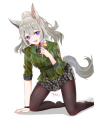Rule 34 | 1girl, :d, animal ear fluff, animal ears, arknights, arm support, black pantyhose, checkered clothes, checkered skirt, chinese commentary, commentary request, food, grani (arknights), grani (miraculous moment) (arknights), green shirt, grey skirt, hair between eyes, hair ornament, holding, holding food, ice cream, ice cream cone, kneeling, lingshalan, long hair, looking at viewer, miniskirt, no shoes, official alternate costume, open mouth, pantyhose, purple eyes, shadow, shirt, silver hair, skirt, smile, solo, tail, thighs