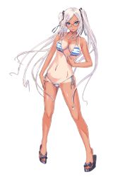 Rule 34 | 1girl, :p, bikini, blue eyes, bra, bra pull, clothes pull, collarbone, glasses, hair ribbon, highres, long hair, navel, nenchi, panties, ribbon, side-tie panties, silver hair, simple background, solo, striped bikini, striped clothes, swimsuit, tan, tanline, tiptoes, tongue, tongue out, twintails, underwear, very long hair