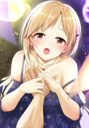 Rule 34 | 1girl, :o, aiba yumi, blue dress, blush, grabbing another&#039;s breast, brown hair, collarbone, commentary request, dress, grabbing, guided breast grab, guiding hand, hair ornament, hairclip, highres, idolmaster, idolmaster cinderella girls, idolmaster cinderella girls starlight stage, jewelry, looking at viewer, mk (mod0), necklace, off-shoulder dress, off shoulder, pov, pov hands, short hair, solo, solo focus, strap slip