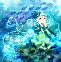 Rule 34 | 1girl, alternate headwear, bad id, bad pixiv id, blue flower, blue rose, bubble, dress, fish, floral print, flower, frilled dress, frills, green dress, green eyes, hair ornament, hands on own cheeks, hands on own face, jaku sono, komeiji koishi, long sleeves, rose, silver hair, solo, third eye, touhou, underwater, wet, wet clothes, wide sleeves