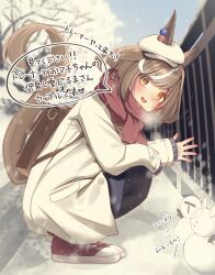 Rule 34 | 1girl, absurdres, animal ears, blurry, blurry background, blush, casual, fence, hair ornament, hairclip, hat, heavy breathing, highres, horse ears, horse girl, horse tail, looking at viewer, matikane tannhauser (umamusume), own hands together, pantyhose, ponta (1859ysmssstsp), scarf, shoes, sitting, sky, snow, snowman, solo, tail, tree, umamusume, winter clothes