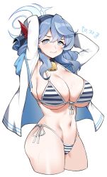 Rule 34 | 1girl, ako (blue archive), alternate costume, armpits, arms up, bikini, blue archive, breasts, commission, halo, highres, jacket, large breasts, navel, ppapmang, solo, swimsuit, white background, white jacket