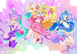 3girls :d ;) ahoge aokaze_nana arched_bangs arm_up arm_warmers armpits blonde_hair blue_dress blue_footwear blue_hair blue_sleeves blue_streaks blue_wrist_cuffs blush boots bow brooch bubble_skirt choker circle_skirt closed_mouth commentary crop_top cure_idol cure_kyunkyun cure_wink detached_collar detached_sleeves dot_nose double_bun dress drill_hair earrings floating_hair footwear_bow full_body grin hair_between_eyes hair_bow hair_bun hair_intakes hair_ornament hair_ribbon hairband hand_up hands_up headset heart heart_brooch heart_earrings heart_hair_ornament jewelry kimi_to_idol_precure knee_boots legs_up long_hair looking_at_viewer magical_girl midair midriff multicolored_hair multiple_girls navel one_eye_closed open_mouth pink_boots plaid_bow plaid_clothes plaid_dress plaid_sleeves platform_boots platform_footwear precure puffy_detached_sleeves puffy_sleeves purple_choker purple_dress purple_eyes purple_hair purple_streaks rainbow_background ribbon sakura_uta_(precure) shigure_kokoro single-shoulder_dress single_arm_warmer single_earring single_hair_bun skirt sleeveless sleeveless_dress smile sparkle_background straight_hair strapless strapless_dress streaked_hair tassel thigh_strap thighhighs tiler_(tiler00) twin_drills twintails two-tone_footwear two-tone_hair white_arm_warmers white_footwear white_hairband white_sleeves wrist_cuffs yellow_eyes