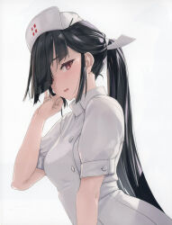 Rule 34 | 1girl, absurdres, alternate costume, black hair, blush, breasts, buttons, comiket 102, dated, double-breasted, dress, hair over one eye, hair ribbon, hat, hayashimo (kancolle), highres, kantai collection, long hair, looking at viewer, non-web source, nurse, nurse cap, open mouth, ponytail, red eyes, ribbon, rokuwata tomoe, scan, short sleeves, simple background, small breasts, solo, upper body, very long hair, white background, white dress, white uniform