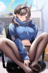 Rule 34 | 1girl, animal ears, blue archive, blue skirt, blue sweater, blurry, blurry background, breasts, brown hair, brown pantyhose, convenient arm, fake animal ears, feet, glasses, halo, heart, heart-shaped pupils, highres, knees up, large breasts, legs, liu liaoliao, long sleeves, looking at viewer, moe (blue archive), no shoes, on chair, pantyhose, parted lips, round eyewear, signature, sitting, skirt, solo, sweater, symbol-shaped pupils, toes, torn clothes, torn pantyhose, turtleneck, turtleneck sweater, twintails, yellow eyes