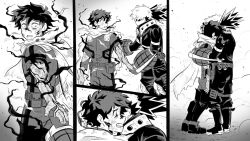 Rule 34 | 2boys, bakugou katsuki, bodysuit, boku no hero academia, boots, cape, clenched teeth, comic, commentary, crying, crying with eyes open, daniartonline, gloves, greyscale, highres, holding hands, hug, looking at another, looking back, male focus, midoriya izuku, monochrome, multiple boys, parted lips, short hair, silent comic, spiked hair, standing, tears, teeth