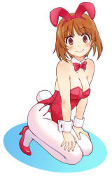 Rule 34 | 1girl, alternate costume, animal ears, blush, boots, breasts, brown eyes, brown hair, cleavage, closed mouth, collar, detached collar, fake animal ears, fake tail, full body, girls und panzer, hands on own thighs, high heel boots, high heels, kneeling, leotard, light blush, looking at viewer, medium breasts, nishizumi miho, pantyhose, playboy bunny, rabbit ears, rabbit tail, red footwear, red leotard, red neckwear, short hair, side-tie leotard, simple background, smile, solo, strapless, strapless leotard, tail, uona telepin, white background, white collar, white pantyhose, wing collar