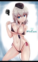Rule 34 | 10s, 1girl, bad id, bad twitter id, bikini, bikini pull, black bikini, blue background, blue eyes, breasts, clothes pull, collarbone, cowboy shot, digital media player, earbuds, earbuds around neck, earphones, franz (217franz), girls und panzer, hat, highres, itsumi erika, large breasts, letterboxed, light brown hair, looking at viewer, micro bikini, navel, side-tie bikini bottom, smile, solo, squiggle, swimsuit, twitter username, white background