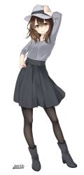 Rule 34 | 10s, 1girl, 2016, black footwear, black pantyhose, blouse, boots, breasts, brown hair, closed mouth, commentary, dated, eyebrows, fedora, grey hat, grey shirt, grey skirt, hair between eyes, hair over shoulder, hand on headwear, hand on own hip, hat, highres, long hair, looking at viewer, medium breasts, original, pantyhose, pleated skirt, shirt, skirt, smile, solo, twitter username, unasaka ryou, white background, yellow eyes