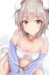 Rule 34 | 1girl, anastasia (idolmaster), animal ear legwear, animal ears, bell, bra, breasts, cat cutout, cat ear panties, cat ears, cat lingerie, cat tail, choker, cleavage cutout, clothing cutout, collar, commentary request, frilled bra, frills, from above, hood, hood down, hooded jacket, idolmaster, idolmaster cinderella girls, jacket, jingle bell, lingerie, looking at viewer, medium breasts, meme attire, nannacy7, neck bell, panties, paw print, short hair, side-tie panties, silver hair, sitting, smile, tail, underwear, white bra