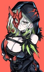 Rule 34 | 1girl, breasts, cleavage, cowboy shot, detached sleeves, diabellstar the black witch, dress, duel monster, green eyes, green hair, half mask, highres, hood, hood up, large breasts, mask, multicolored hair, pale skin, red background, red mask, solo, synchroman, yu-gi-oh!