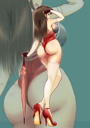 Rule 34 | 1girl, akagi (kancolle), arm warmers, ass, bare shoulders, blush, breasts, brown hair, curvy, elbow gloves, female focus, fingerless gloves, from behind, gloves, green eyes, high heels, hip focus, huge ass, kantai collection, large breasts, leotard, long hair, looking at viewer, looking back, moke ro, open mouth, race queen, red heels, shiny clothes, shiny skin, sideboob, solo, thick thighs, thighhighs, thighs, thong leotard, umbrella, white thighhighs, wide hips