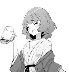 Rule 34 | 1girl, alcohol, beer glass, blush, breasts, cleavage, commentary, cup, drinking glass, english commentary, closed eyes, greyscale, highres, holding, holding cup, idolmaster, idolmaster cinderella girls, japanese clothes, kimono, medium breasts, minazuki tooru, mole, mole under eye, monochrome, off shoulder, open clothes, open kimono, open mouth, short hair, simple background, sketch, smile, solo, takagaki kaede, white background