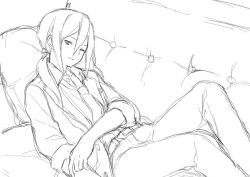 Rule 34 | 1boy, afuro terumi, belt, formal, greyscale, inazuma eleven (series), inazuma eleven go, long hair, lying, male focus, monochrome, necktie, aged up, on back, one eye closed, ponytail, red eyes, revision, sketch, solo, suit, tokio neo, wink, unfinished