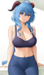 Rule 34 | 1girl, absurdres, ahoge, alternate costume, bare shoulders, blue hair, blue pants, blush, breasts, cleavage, collarbone, female focus, ganyu (genshin impact), genshin impact, goat horns, highres, horns, large breasts, long hair, looking at viewer, midriff, navel, pants, purple eyes, purple sports bra, sidelocks, smile, solo, sports bra, stomach, thighs, tight clothes, tight pants, yoga pants, zaphn