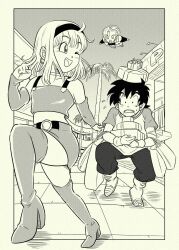 Rule 34 | 1girl, 2boys, arm warmers, bag, boots, box, bra (dragon ball), clenched teeth, commentary, commission, crop top, dragon ball, dragon ball gt, dragonball z, english commentary, flying, frown, gift, gift box, hairband, highres, miniskirt, multiple boys, object on head, one eye closed, open mouth, palm tree, pink mousse, shopping bag, skeb commission, skirt, smile, son goten, sweat, teeth, thigh boots, tree, trunks (dragon ball), vest