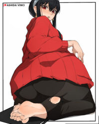 Rule 34 | 1girl, artist name, ass, black hair, black pantyhose, blush, breasts, commentary, dangle earrings, dress, earrings, english commentary, feet, foot focus, from behind, hair between eyes, hairband, highres, jewelry, long sleeves, looking at viewer, looking back, medium breasts, no shoes, on ground, open mouth, pantyhose, patreon username, red dress, red eyes, seiza, short dress, sidelocks, simple background, sitting, soles, solo, spy x family, sweater, sweater dress, timruya, toeless legwear, toes, torn clothes, torn pantyhose, white background, yor briar