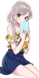 Rule 34 | 1girl, alternate hairstyle, bad id, bad pixiv id, bare shoulders, blouse, blue skirt, blush, book, braid, brown eyes, closed mouth, hair over shoulder, holding, holding book, idolmaster, idolmaster cinderella girls, kanzaki ranko, legs together, lemon print, long hair, looking at viewer, miniskirt, misumi (macaroni), off shoulder, open book, shirt, side braid, silver hair, simple background, skirt, smile, solo, thighs, white background