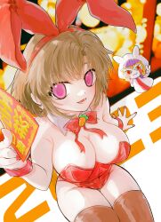 Rule 34 | 1boy, 1girl, animal ears, bow, breasts, brown hair, fake animal ears, highres, koko (konjiki no gash!!), konjiki no gash!!, large breasts, leotard, medium hair, nail polish, open mouth, playboy bunny, purple eyes, red bow, red nails, red wristband, thighhighs, ulen (asin), wristband, zofis