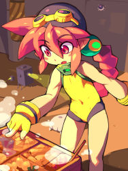 Rule 34 | covered navel, eyes visible through hair, flat chest, gloves, goggles, goggles on head, hair between eyes, korone (metata), long hair, metata, one-piece swimsuit, original, pink hair, ponytail, red eyes, solo, steam, swimsuit, very long hair, yellow gloves, yellow one-piece swimsuit