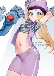 Rule 34 | 1girl, arm grab, arms up, artist name, blonde hair, blue background, blue eyes, blush, breasts, commentary, cowboy shot, crop top, digimon, digimon (creature), digimon frontier, disembodied hand, english commentary, fanbox username, groin, hair between eyes, hat, highres, kani fish, long hair, midriff, multiple hands, navel, open clothes, open vest, orimoto izumi, patreon username, purple hat, purple skirt, purple vest, ranamon, restrained, shirt, short sleeves, sidelocks, simple background, skirt, small breasts, solo, standing, striped clothes, striped shirt, vest, watermark, white background