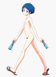 Rule 34 | 1girl, arched back, bad id, bad twitter id, blue eyes, blue footwear, blue hair, bottle, female pubic hair, flat chest, from side, full body, grey background, highres, holding, holding bottle, looking to the side, matching hair/eyes, navel, nipples, nude, original, pale skin, pubic hair, ramune, ribs, sandals, shoes, shokubai phantom girl, short hair, simple background, skinny, smile, solo, standing, tan background, walking, wet, zenra