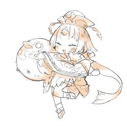 Rule 34 | 1girl, animal, benienma (fate), bird, bird hat, blush, chibi, closed eyes, commentary request, fate/grand order, fate (series), full body, harada takehito, holding, holding animal, holding bird, japanese clothes, kimono, long hair, long sleeves, low ponytail, monochrome, open mouth, platform footwear, simple background, sketch, smile, solo, sparrow, standing, standing on one leg, wide sleeves