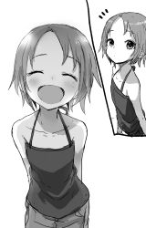 Rule 34 | 1girl, :d, ^ ^, absurdres, bare arms, bare shoulders, blush, camisole, closed eyes, closed mouth, collarbone, greyscale, highres, looking at viewer, monochrome, multiple views, notice lines, open mouth, original, pants, parted bangs, short hair, simple background, smile, white background, yamamoto souichirou