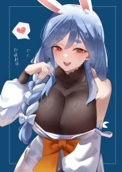Rule 34 | 1girl, absurdres, animal ears, blue background, blue hair, braid, braided ponytail, breasts, commentary, donggua bing cha, heart, highres, hololive, large breasts, long hair, long sleeves, looking at viewer, mature female, multicolored hair, open mouth, pekomama, rabbit ears, rabbit girl, red eyes, smile, solo, spoken heart, teeth, thick eyebrows, two-tone hair, upper body, upper teeth only, virtual youtuber, white hair