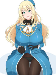 Rule 34 | 1girl, ascot, atago (kancolle), beret, black gloves, black panties, black pantyhose, blonde hair, blue hat, blue jacket, breasts, clothes lift, gloves, green eyes, hat, highres, huge breasts, jacket, kantai collection, lactone, long hair, looking at viewer, military, military uniform, open mouth, panties, panties under pantyhose, pantyhose, skirt, skirt lift, solo, underwear, uniform, very long hair, white ascot, white background