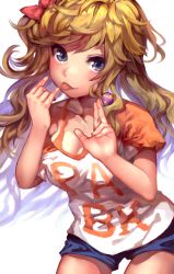 Rule 34 | 10s, 1girl, absurdres, blonde hair, blue eyes, blush, breasts, candy, cleavage, cowboy shot, denchu (kazudentyu), finger to mouth, food, highres, holding, holding food, idolmaster, idolmaster cinderella girls, lollipop, long hair, looking at viewer, messy hair, one side up, ohtsuki yui, shirt, short shorts, shorts, smile, solo, t-shirt, tongue, tongue out, white background