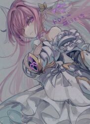 Rule 34 | 1girl, armor, armored dress, braid, breasts, closed mouth, detached sleeves, dorothy (nikke), dress, frilled dress, frills, frown, goddess of victory: nikke, hair bun, hair ribbon, headgear, iq2coore, large breasts, long hair, looking at viewer, pink hair, purple eyes, purple ribbon, ribbon, solo, white dress